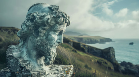 A sculpture of a woman on a rock, gazing out over the vast ocean in a serene natural landscape, with the sky and water blending seamlessly AIG50の素材