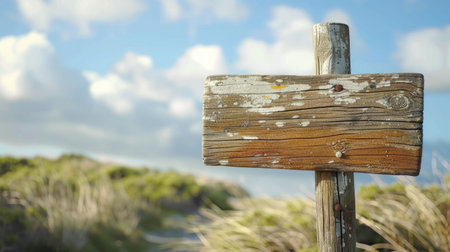 A wooden sign with a cross symbol and religious font, pointing right in a field under a sky. It blends art with natural landscape, resembling a twig in a cemetery AIG50の素材
