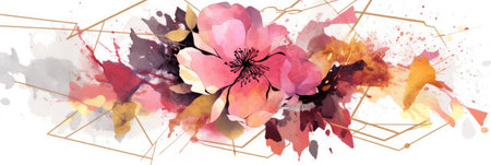 Abstract geometric watercolor banner with dynamic shapes and splatters. Pink flower and leaves line arrangement or composition with white background. Modern art concept for creative design. AIG35.の素材