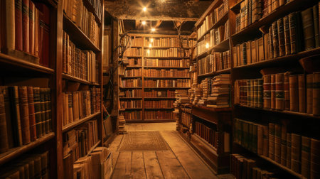 An antique bookstore interior, shelves filled with old books, warm lighting, a sense of history and knowledge. Resplendent.の素材