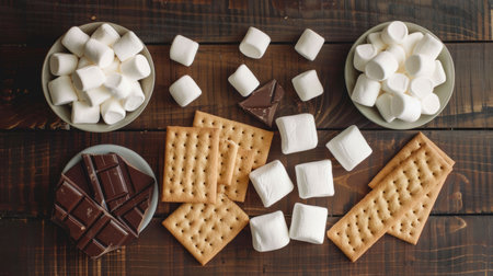 A wooden table featuring a tempting display of food ingredients like chocolate, marshmallows, and crackers, perfect for making delicious indoor smores AIG50の素材