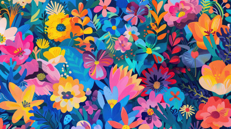 An artistic representation of plants and flowers on a vibrant electric blue background, showcasing a blend of magenta petals and green leaves creating a mesmerizing natural landscape AIG50の素材