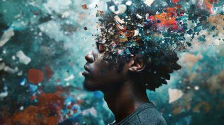 The picture that about the human face with different facial expression with colourful blowing effect near their head that can be portrayed feeling when they received too much the information. AIGX03.の素材