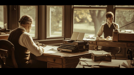 Two women seated at a table with a typewriter, sharing a conversation in a building with a window overlooking the street. AIG41の素材