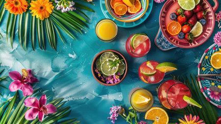 An intricate table setting with colorful dishware and drinks arranged in a circular pattern, resembling a painting of a vibrant aquatic organism AIG50の素材