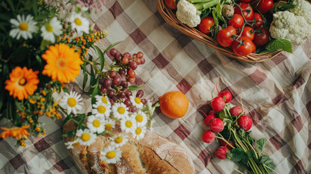 A variety of plantbased foods such as fruits and leafy vegetables are displayed on the table, perfect for creating delicious and healthy recipes with natural ingredients AIG50の素材
