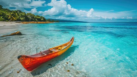 A red canoe rests on the serene shore of a tranquil lake, surrounded by the vast expanse of water, under the blue sky dotted with fluffy white clouds, showcasing the beauty of the natural landscape AIG50の素材