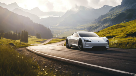 A white vehicle with Clouds as the background is driving down a mountain road with the Automotive parking lights on. AIG41の素材