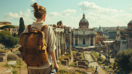 Back view of young happy woman exploring while standing at ancient site. Attractive female adventurer or traveler inspecting while wandering at ancient temple or amazing scenery with blue sky. AIG42.の素材