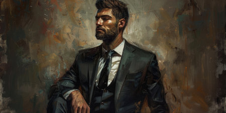 A handsome man with dark hair and a beard wearing a suit and tie. AIG51A.の素材