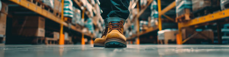 The close up picture of the worker is walking inside the factory warehouse while wearing the safety shoes, the factory worker require skill like technical knowledge, safety awareness, strength. AIG43.の素材