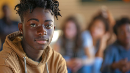 The picture of the african american looking at the camera and has been surrounded with many people in blur background, the community leader require skill communication, empathy, collaboration. AIG43.の素材