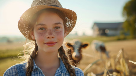 The close up picture of the caucasian farmer female looking at the camera in the farm, the farmer require skill like the crop and livestock management, financial management and risk management. AIG43.の素材