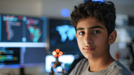 The picture of the middle eastern male teenager studying and learning about the technology in the room, learning related to technology require skills like the logical reason and computer skill. AIG43.の素材