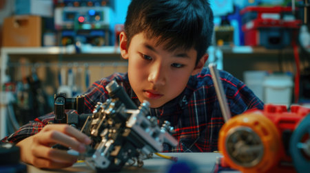 The picture of the east asian male teenager is working on the mechanical robot in his own workshop, the technician also require skill like technical knowledge, time management and experience. AIG43.の素材