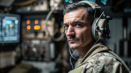 The picture of military officer is working on communication to communicate with other soldier, the soldier require skill combat training, endurance, physical strength and technical knowledge. AIG43.の素材