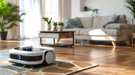 The picture of the robot that working as vacuum cleaner inside the indoor building to clear and clean the floor, the cleaning is the type of the household chore require knowledge and detailed. AIG43.の写真素材
