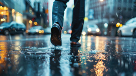 The picture of the person is working as business person and walking to work in street while rain, the businessman require skill like management, negotiation, marketing and the communication. AIG43.の素材