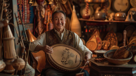 The picture of the ethnomusicologist holding the traditional guitar inside workshop that has been filled with musical instrument, ethnomusicologist require knowledge of world music and culture. AIG43.の素材
