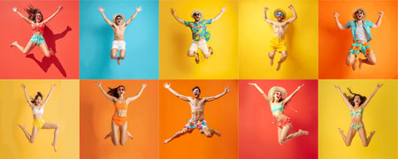 Summer people collection set, diverse people jumping on colorful background, many people funny jump wearing summer outfit fashion ready for swim and summer activity, summertime, beachwear AIG48の素材