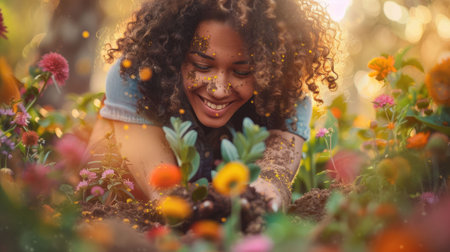 The picture of the woman that has been planting the various type of the flower, the planting require skill like plant knowledge, experience, seasonal timing, care and monitoring and management. AIG43.の素材