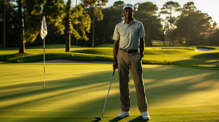 The picture of the professional golfer is playing the golf inside the grass green field, the golfer require skill like the mental focus, concentration, technique, strategy and physical fitness. AIG43.の素材