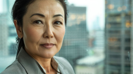 The picture of the senior asian female financial executive standing near the window of the office inside building, the financial job require skills like finance knowledge and planning budget. AIG43.の素材
