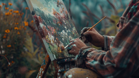 The close up picture of the artist is drawing the painting of the nature that has been surrounded of painter, the painting artist require skill like creativity, patience, focus and experience. AIG43.の素材