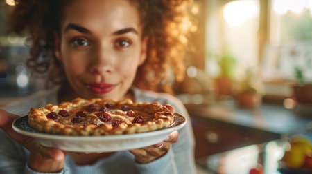 A woman is enjoying a piece of freshly baked pie on a tartan plate, savoring the flaky crust and tasty filling as she chews with satisfaction AIG50の素材