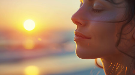 A closeup of a womans face with her eyelashes highlighted by the sunset, her eyes closed in happiness. The sky is filled with clouds and backlighting, giving a tranquil dusk atmosphere AIG50の素材