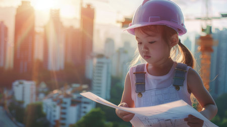 A young girl in a helmet is happily examining a blueprint, combining fun and safety while exploring. Her sports gear adds a touch of personal protection and fashion to her leisure activities AIG50の素材