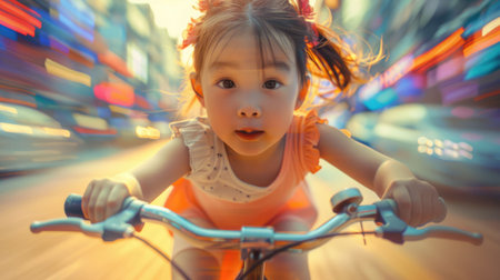A toddler is happily riding a bicycle in a public space, with balloons in the background. Her smile and facial expression show she is having fun during a leisure event, sharing joy with others AIG50の素材