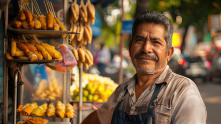 The picture of the street food vendor that has been selling the food near the street that people can walk there to buy at the food stall and eat, the street food is the local small business. AIG43.の素材