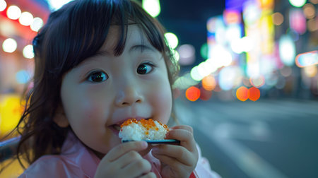 A toddler is happily sharing sushi with chopsticks, embracing the fun of experiencing new cuisine. The sweetness of the food craving brings joy to the event AIG50の素材