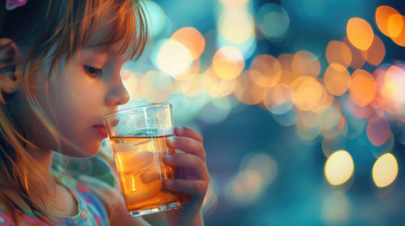 A thoughtful young girl with a cup of juice against a blurred bokeh background. AIG50の素材