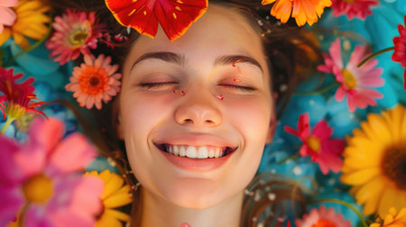 A woman adorned with a hat stands amidst a vibrant array of flowers, smiling in pure happiness. The scene is a beautiful display of nature and creativity AIG50の素材