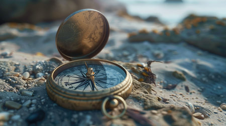A compass rests on a stack of rocks amid natural materials like soil and wood. The electric blue water surrounds the landscape, home to marine biology like molluscs in the circle of life AIG50の素材