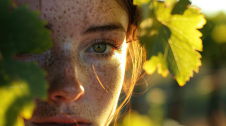 A close up selfie of a happy woman with freckles, green eyes, and brown hair. Her nose, eyelashes, and iris are in focus, giving a fun and natural look AIG50の素材
