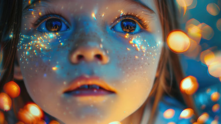 A toddler gazes up at the Christmas tree, her nose and cheeks rosy with excitement. The twinkle of lights reflects in her happy eyes and lashes AIG50の素材