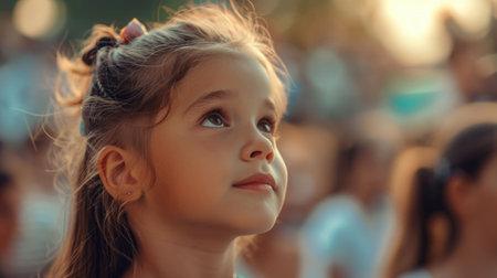 A happy toddler with blonde hair is smiling and holding a guitar at a leisure event, bringing joy and fun to the surroundings AIG50の素材