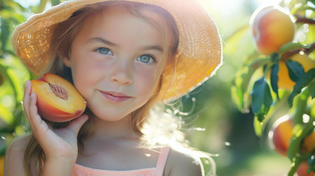 A little girl with a peach in hand, surrounded by nature. Her nose twitches as she bites into the juicy fruit, her hair blowing in the breeze. Happy and content, she enjoys the natural food craving AIG50の素材
