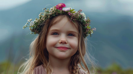 A happy toddler with blond hair and a flower headpiece smiles with an iris in her hand. She stands on the grass, ready for a flash photography session AIG50の素材