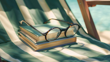 An open book and glasses in Electric blue frames are placed on a wooden chair. The contrast between the Azure chair and Aqua glass creates a visually appealing scene, perfect for art lovers AIG50の素材