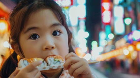 A toddler is happily sharing sushi with chopsticks, embracing the fun of experiencing new cuisine. The sweetness of the food craving brings joy to the event AIG50の素材