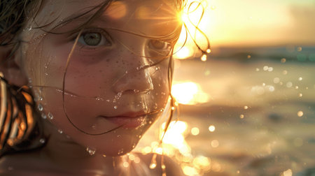 A close up of a young girls face with droplets of water on her nose, eyebrows, eyelashes, and mouth, at the beach. Her jawline and surfer hair glistening with liquid, exuding a happy and fun vibe AIG50の素材