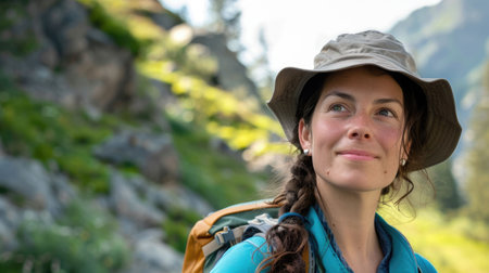 A close up of a womans face with a happy smile standing on top of a mountain, with grass and trees in the background under a clear blue sky AIG50の素材