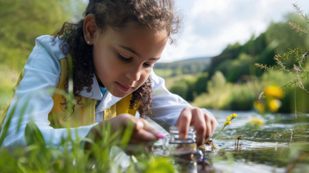 A young girl happily explores a river with a magnifying glass, observing plants, water, and grass in the natural landscape while surrounded by people enjoying leisure activities in the meadow AIG50の素材