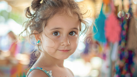 A happy toddler with sunglasses and goggles on her head, smiling at the camera while enjoying leisure time at the carnival AIG50の素材