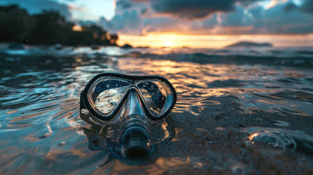 A pair of scuba diving goggles lay on the sandy beach, with azure waters and blue skies creating a picturesque natural landscape. Vision care eyewear for underwater adventures AIG50の素材