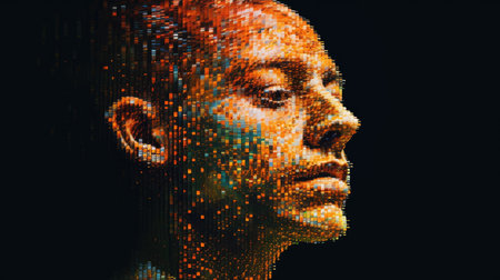 Digital portrait of a man made with cityscape pixel mosaic. Close up of human face made up colorful pixel with abstract art pattern. Concept art for music album cover and technology theme. AIG35.の素材